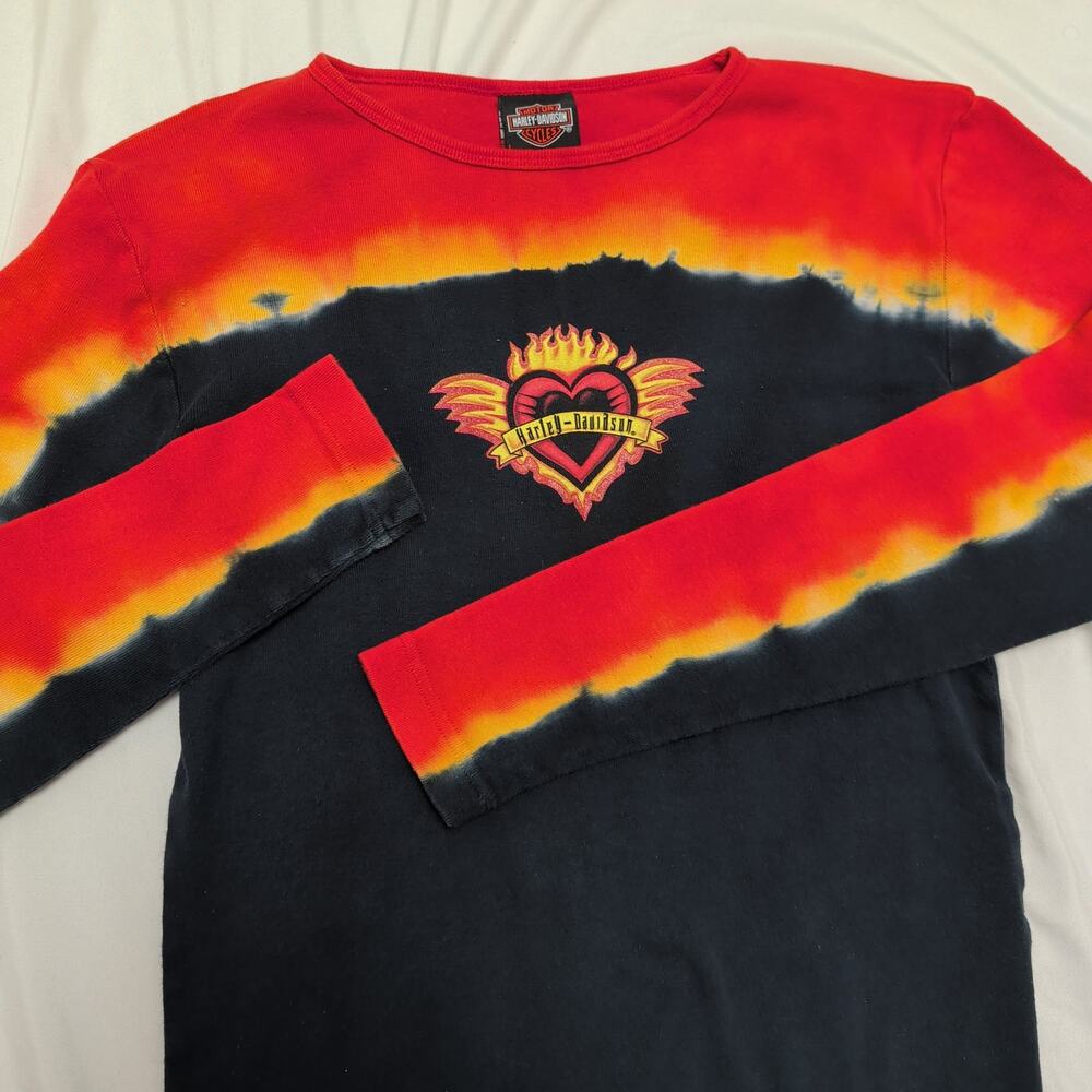 Harley-Davidson Red Black Tie-Dye Flame Heart Long Sleeve Tee
